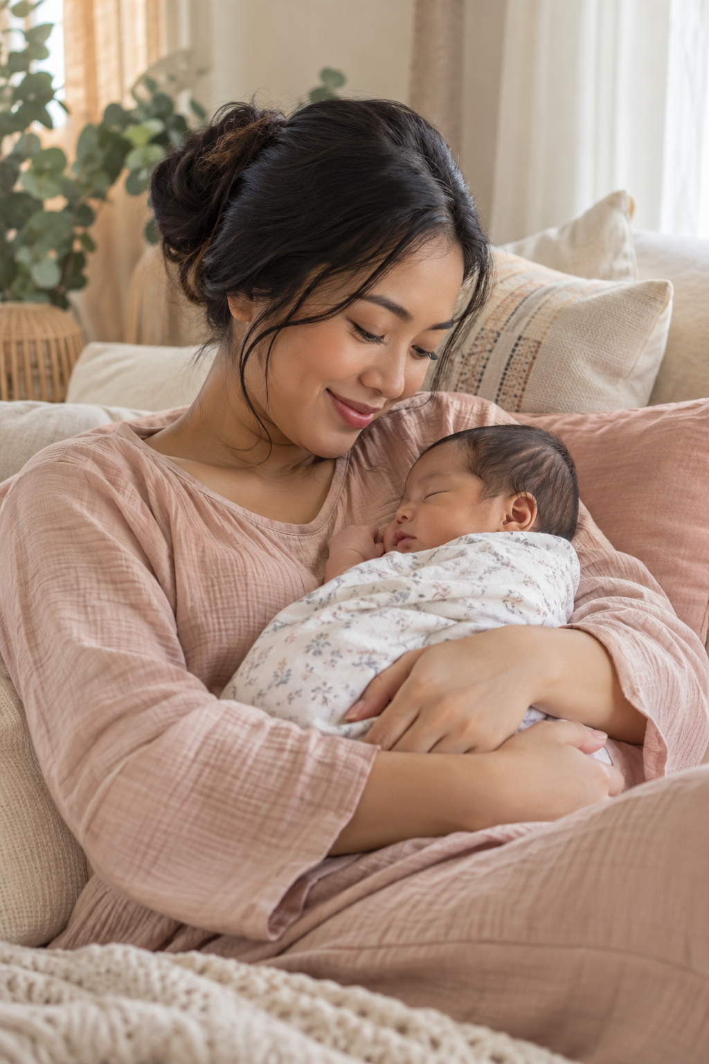 Ibu memeluk bayi yang baru lahir di rumah
